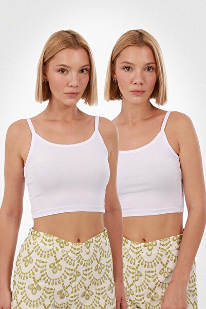 Yade Fashion Kadın Askılı Crop 2’li Set – 2'li Beyaz