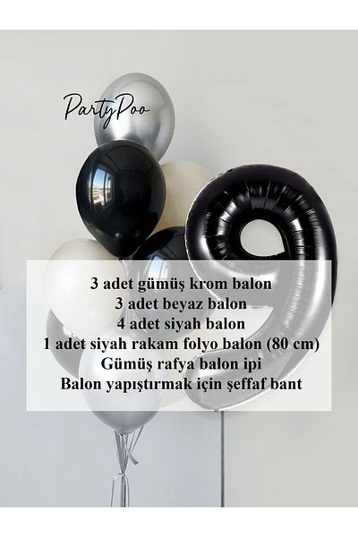 PartyPoo Black Number Foil Silver Metallic Balloon Set 10-Piece Birthday Balloon Set