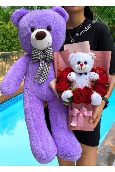 lenostra Sevgiliye Hediye Büyük Mor Ayıcık ve Kırmızı Güllü Beyaz Ayıcıklı Bu...