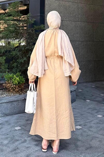 lamelif Μπαλόνι μανίκι δεμένο Hijab Φόρεμα Sand Beige