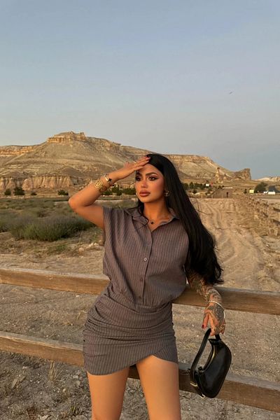 MOZENA Striped Mini Shirred Shirt Dress