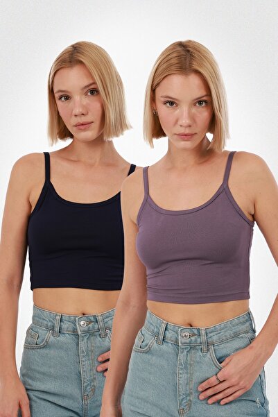 Yade Fashion Kadın Askılı Crop 2’li Set – Mor Lacivert