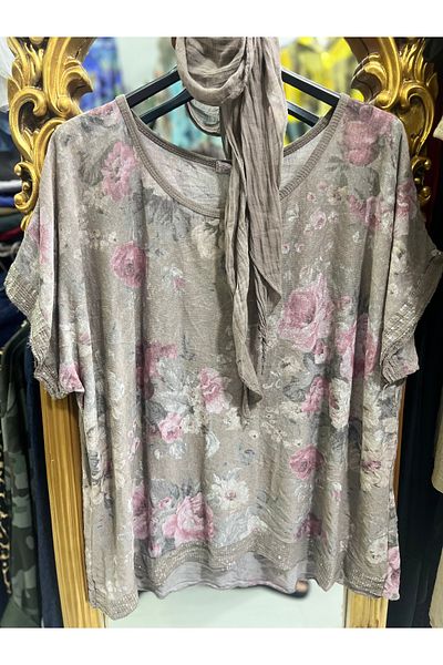 Butik Ayseba Italian Blouse Tie Dye Pattern Sequin Detailed Blouse with Shawl