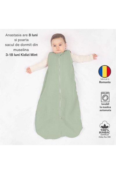 Kidizi Sac de dormit de vara pentru copii din muselina dubla 3-18 luni Mint, 0.3 tog