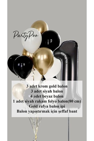 PartyPoo Black Number Foil Gold Metallic Balloon Set of 10 Birthday Balloon Set