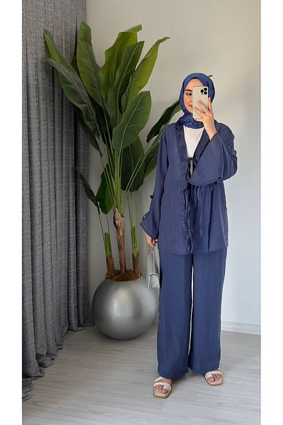 Molly Nelly Women's Summer Cotton Voile Lined Navy Blue Trouser Blouse Set with Lace Detail