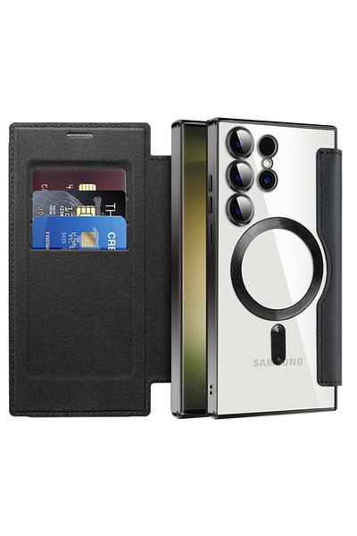 SKYDDAR INNOVATION Case for Samsung Galaxy S23 Ultra, SmartMag Book, Magsafe, RFiD, Card Holder, sticker set, Black