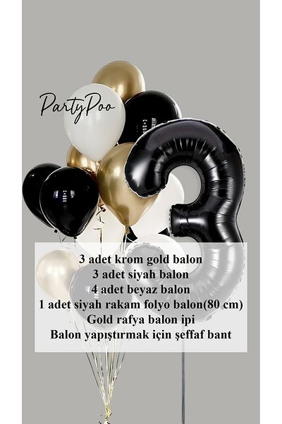 PartyPoo Black Number Foil Gold Metallic Balloon Set of 10 Birthday Balloon Set