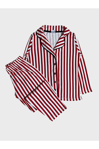 ALİŞ KİDS Girls' 100% Cotton Red Striped Shirt Collar Button Long Sleeve Pajama Set
