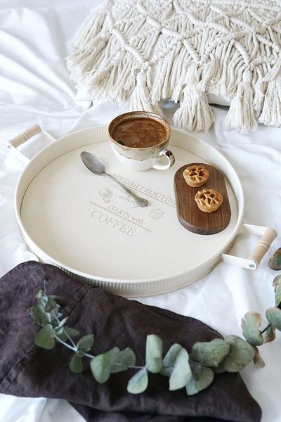 CEYHAN Mchome Wooden Handle Metal Round Tray 29 cm