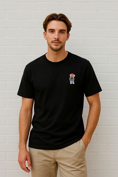 CNT Tricou oversize pentru bărbați cu decolteu 100% bumbac, model confortabil, cu detaliu ursuleț de pluș - tricou de bază zilnic