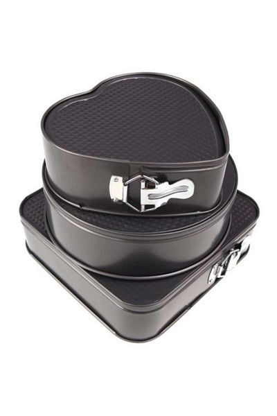 OEM Set x 3 Cake Pans - Heart, Square, Round, Detachable Base, Dimensions 22 cm, 24 cm, 26 cm, Black