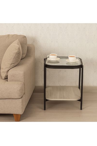 private house Set of 2 single serving tables, glass top with light beige wood