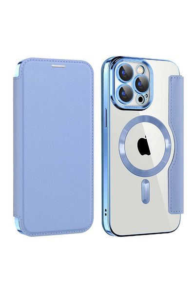 SKYDDAR INNOVATION Husă pentru iPhone 15 Pro Max, SmartMag Book, Magsafe, RFiD, suport pentru carduri, set de autocolante, albastră