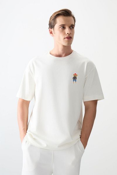 CNT Tricou oversize pentru bărbați cu decolteu 100% bumbac, model confortabil, cu detaliu ursuleț de pluș - tricou de bază zilnic