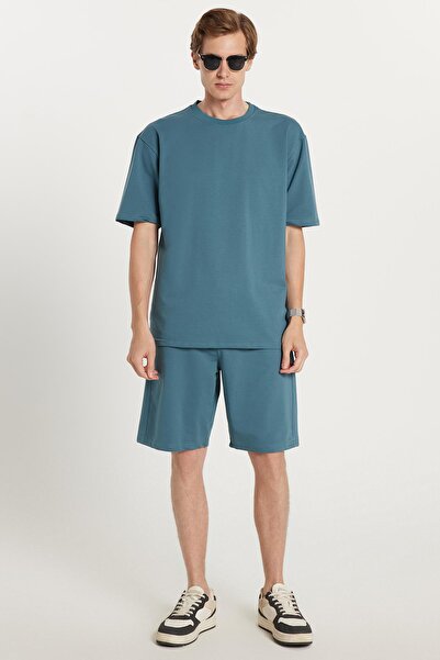 Tudors Men's Standard Fit Regular Fit Cotton Crew Neck Waist Lace-Up Indigo Shorts Suit