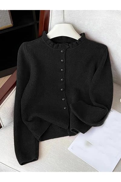 Ugdelia Women's Ruffled Pearl Soft Textured Knitwear Cardigan