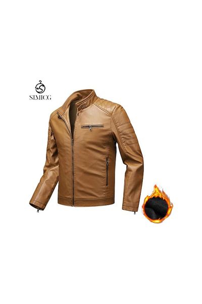 AyShop Warm Brown Leather Jacket with Collar Padded Fur Inside
