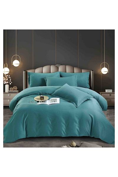 Lenjeria Pufoasa Double Bed Linen with Elastic Damask Finet Deluxe Premium, 6 Pieces, Turquoise