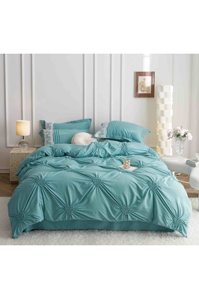 JOJO HOME Set lenjerie de pat Uni cu dantelă și pliuri în formă de inimă, Jojo Home, JFH4, bumbac, 2 persoane, 6 piese, 180x200 cm,