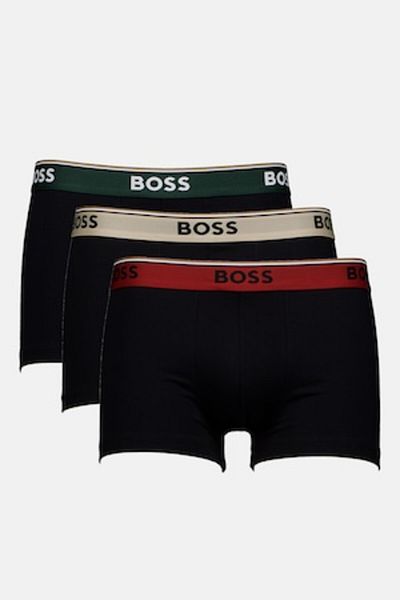 BOSS , Set de boxeri cu banda logo in talie - 3 perechi, Negru, Verde padure, S