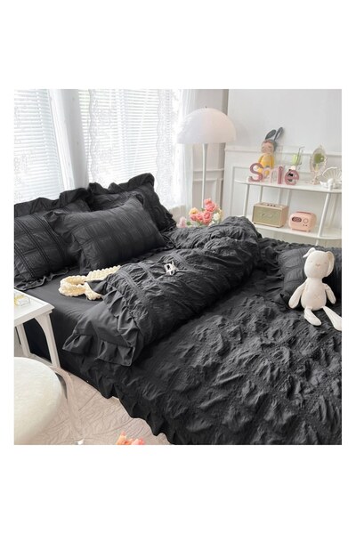 OEM Double Bed Creponated Linen, Cotton 6-piece Set for 2 Persons, Gray Anthracite