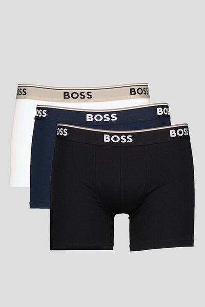 BOSS , Set of cotton blend boxers with logo waistband - 3 pairs, Black, Optical White, Navy Blue, M