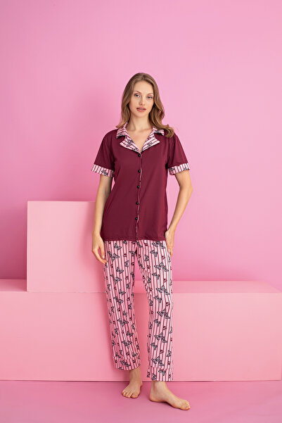 rindahomewear طقم بيجامة نسائي من ميلان بنمط الفراشة وأزرار