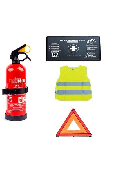 motor starter Kit siguranta auto omologat R.A.R. - Stingator P1, Trusa Medicala, Triunghi, Vesta reflectorizanta