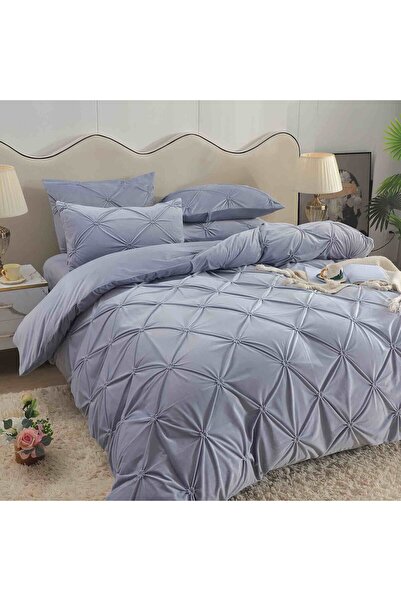 JOJO HOME Double Bed Linen, Velvet, 4 Pieces, CATI3-2, Light Gray, 230 x 250 cm