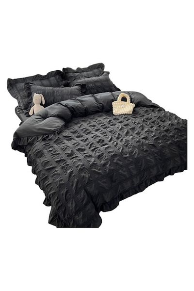 OEM Double Bed Creponated Linen, Cotton 6-piece Set for 2 Persons, Gray Anthracite