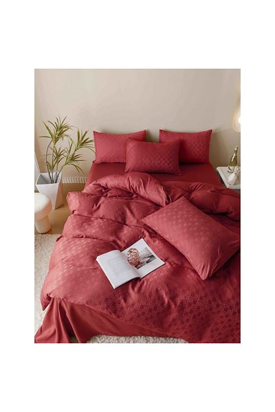 JOJO HOME Set Lenjerie de pat, Jojo Home, JQF3, bumbac jacquard finet premium, uni, 2 persoane, 6 piese, rosu