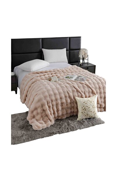 OEM Luxury Double Bed Blanket with Zipper, Artificial Rabbit Fur, Beige, 200x230cm