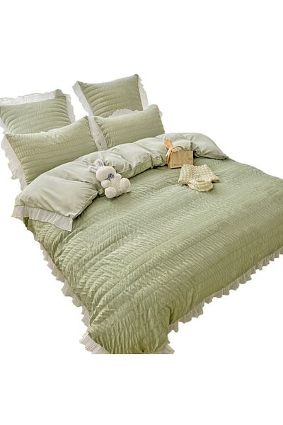 OEM Double Bed Creponated Bedding Set, Cotton, 6 Pieces, Mint Green