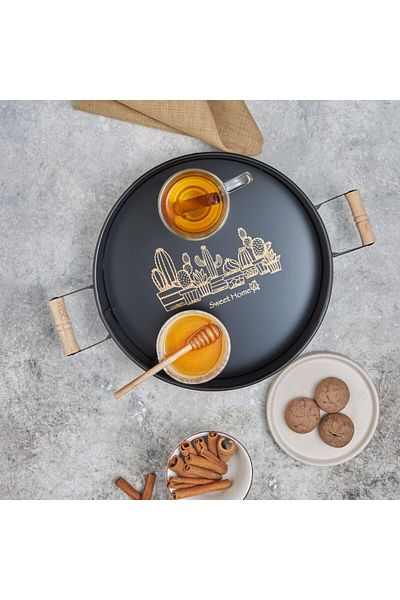 ceyhanlı Mchome Wooden Handle Metal Round Tray 29 cm