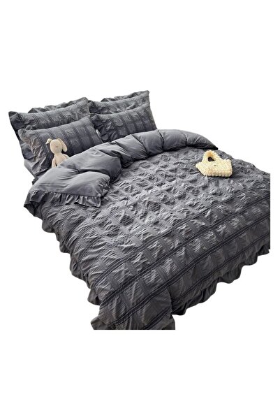 OEM Double Bed Creponated Bedding Set, 6 Pieces, Dark Gray