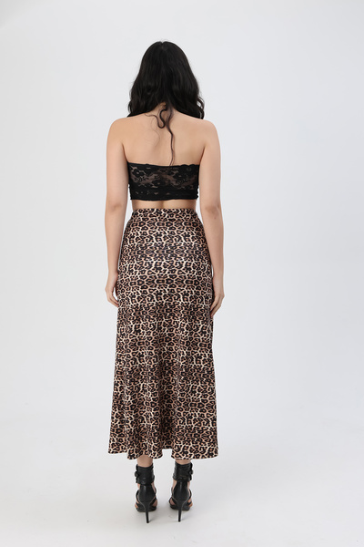 LUFES Polenista Leopar Desenli Likralı Beli Lastikli Dalgıç Kumaş Etek Maxi Boy