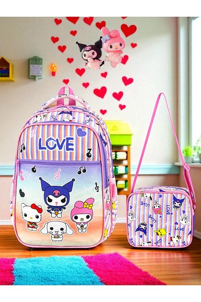 Shopiolog Primary School Orthopedic Waterproof Water Bottle 3 Compartments Nutritional 2-Piece Primary School Girl Backpack