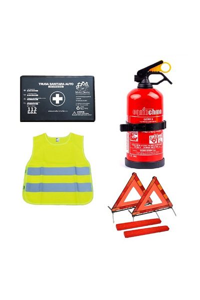 motor starter Kit siguranta auto omologat R.A.R. valabilitate 5 ani Trusa prim ajutor, 2xTriunghi, Stingator, Vest