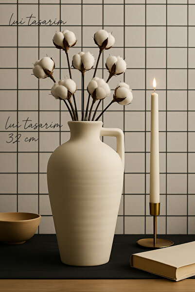 Lui Tasarım Krem Rengi Dekoratif XL Boy Testi Doğal Dokulu İskandinav Sadeliği 32 cm