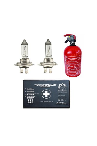 motor starter Kit siguranta auto valabilitate 5 ani, Trusa medicala, Stingator cu pulbere, Becuri H7 12V 55W