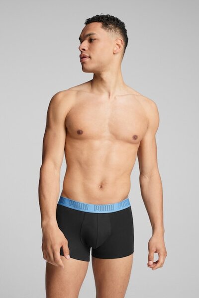 Puma , Set de boxeri cu banda logo in talie - 2 perechi, Negru, Albastru deschis prafuit, L