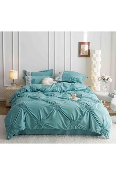 JOJO HOME Set lenjerie de pat Uni cu dantelă și pliuri în formă de inimă, Jojo Home, JFH4, bumbac, 2 persoane, 6 piese, 180x200 cm,