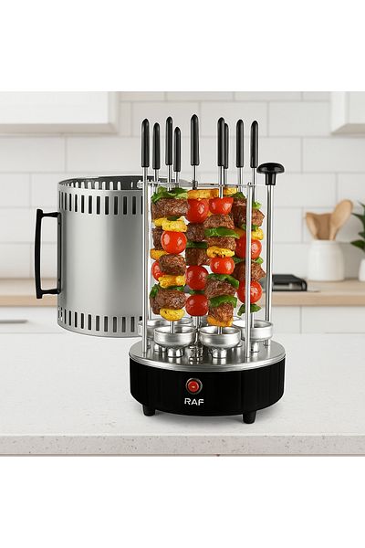 Blasko Smokeless Electric Grill 1200W with 8 Stainless Steel Skewers and Automatic Rotation