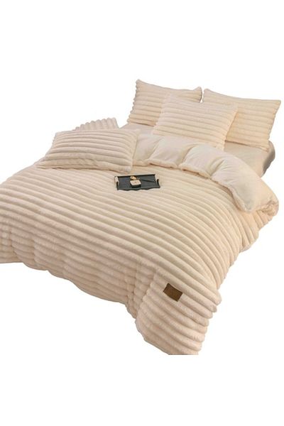 OEM Double Bed Bedding Set with Elastic from Artificial Rabbit Fur, 4 Pieces, MS STAR, Cream