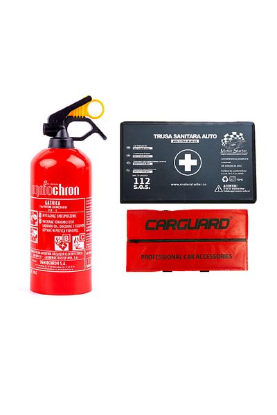 motor starter Kit Siguranta Auto Omologat, Geanta depozitare, Trusa medicala, Stingator pulbere P1