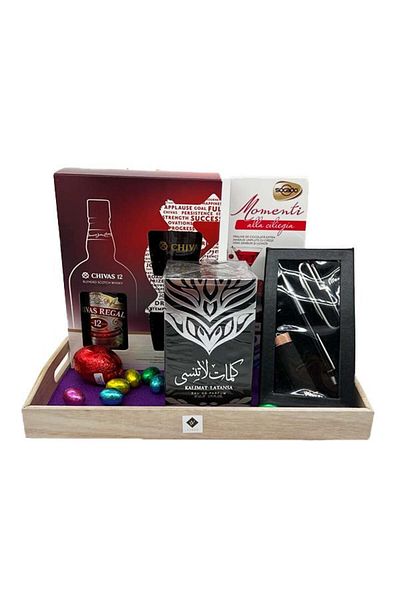 HIRIS SET Stars Gift Set – Chivas Regal 12YO + Kalimat Latansa Perfume + Knife Set + Pralines + Chocolate Eggs