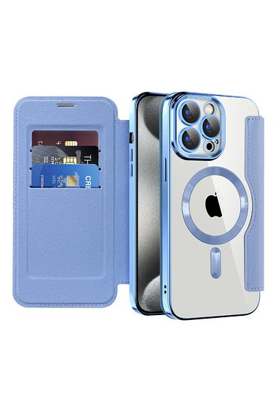 SKYDDAR INNOVATION Husă pentru iPhone 15 Pro Max, SmartMag Book, Magsafe, RFiD, suport pentru carduri, set de autocolante, albastră