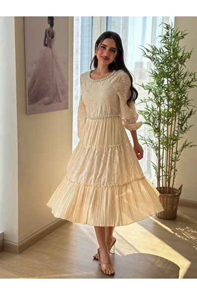 leevan fashion فستان ميدي ناعم لون بيج