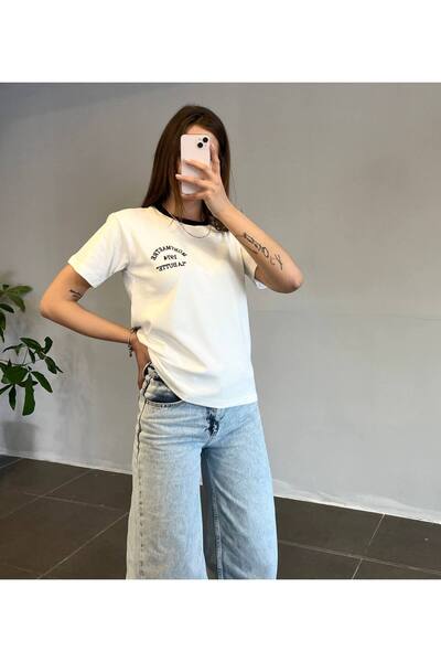 My Blog Tricou brodat cu dungi negre ecru - 14527